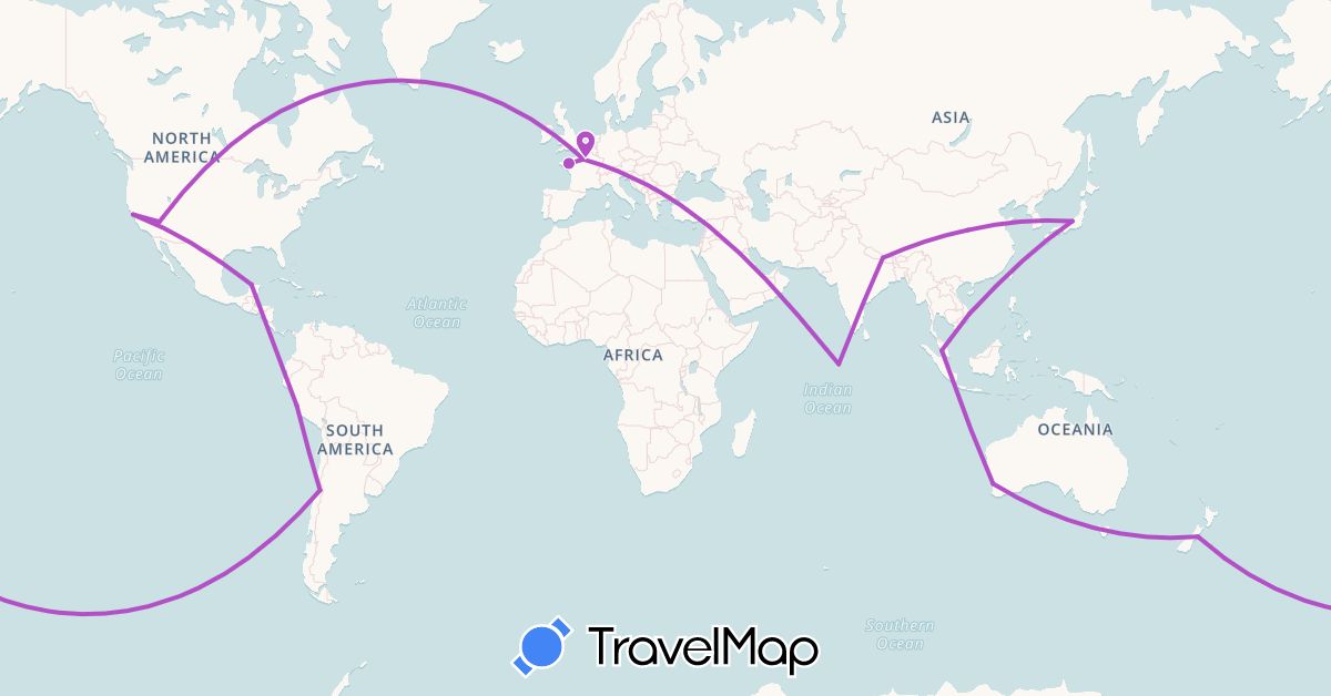 TravelMap itinerary: driving, train in Australia, Chile, France, Japan, Maldives, Mexico, Malaysia, Nepal, New Zealand, Peru, United States, Vietnam (Asia, Europe, North America, Oceania, South America)